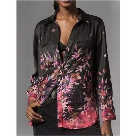 Anthropologie NWT Relaxed Floral Button Down Blouse XS shirt top watercolor pink - Picture 1 of 11